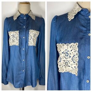 Joy Cioci XS Extra Small Betty Chambray Floral Lamb Leather Long Sleeve Blouse